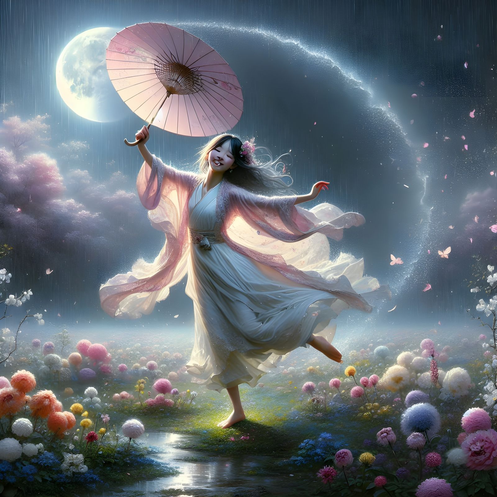 Whimsical Spring Maiden in Enchanted Meadow