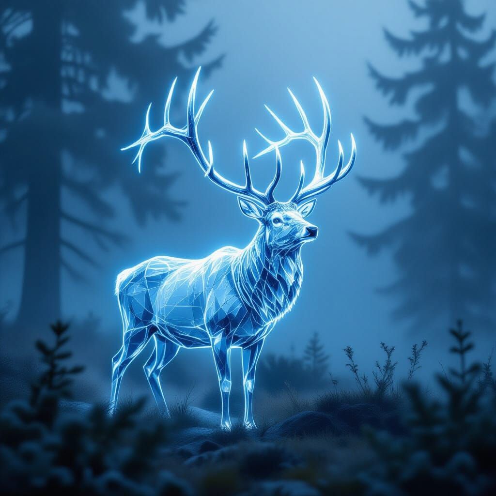 Majestic Crystal Elk Radiating Blue Light in Foggy Forest