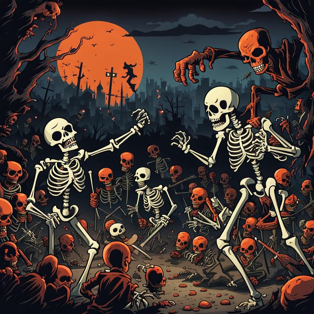 Skeletons vs Zombies: Cartoon War Scene