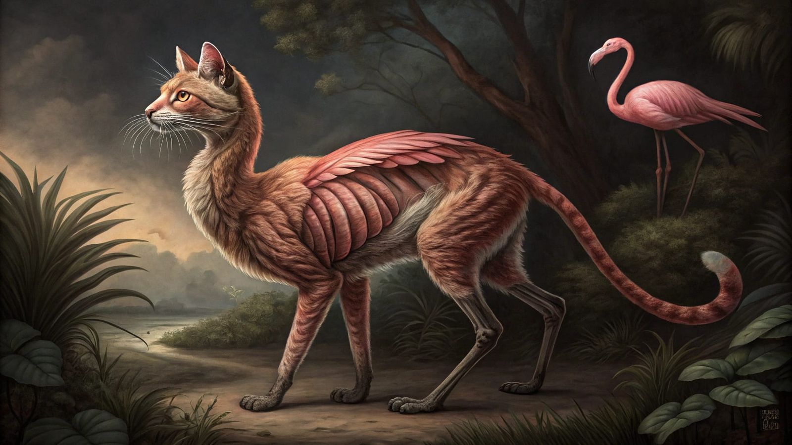 Fanciful Cat-mingo with Flamingo Cat Hybrid Features