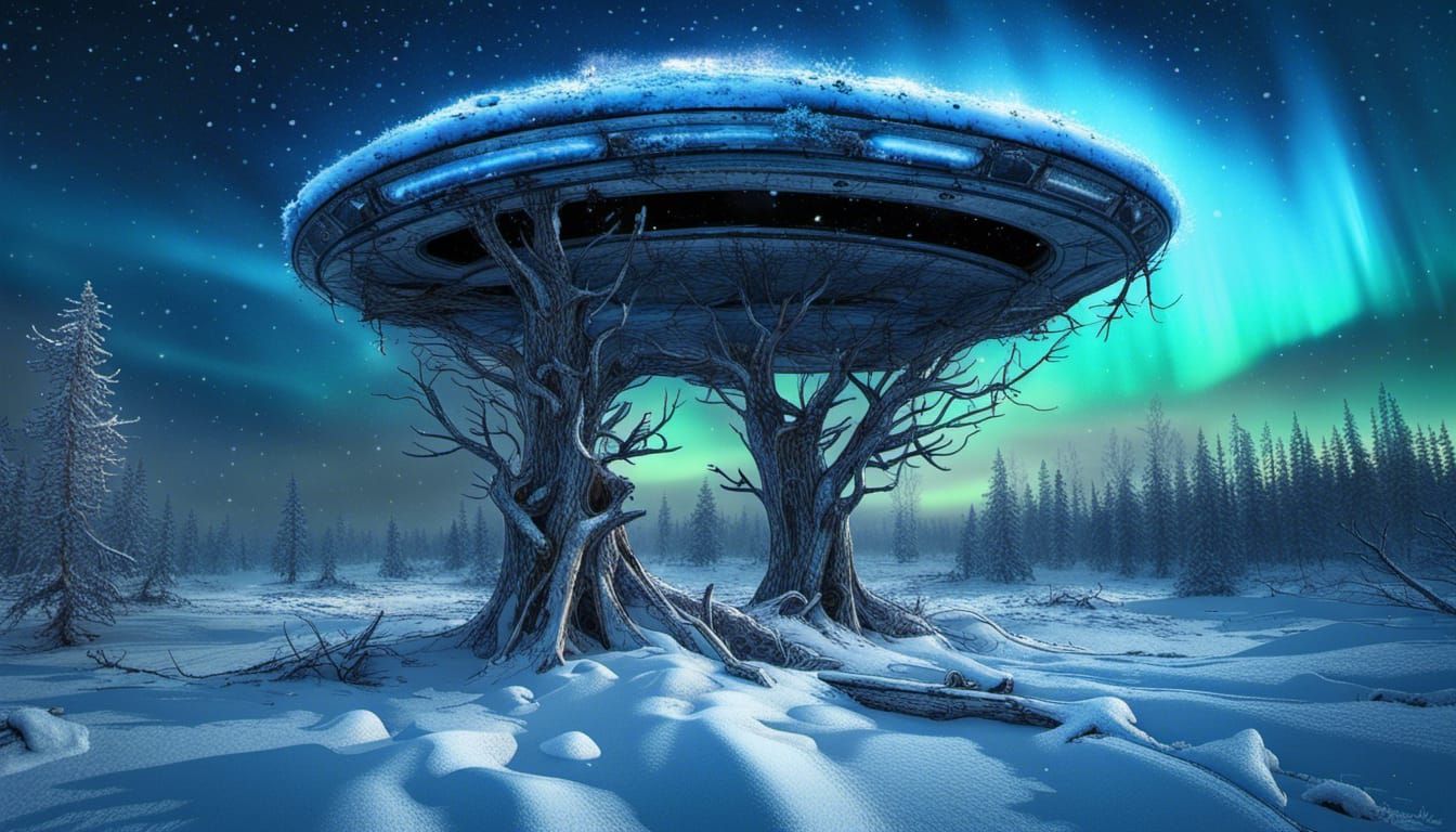 Crashed UFO in Winter Tundra Landscape