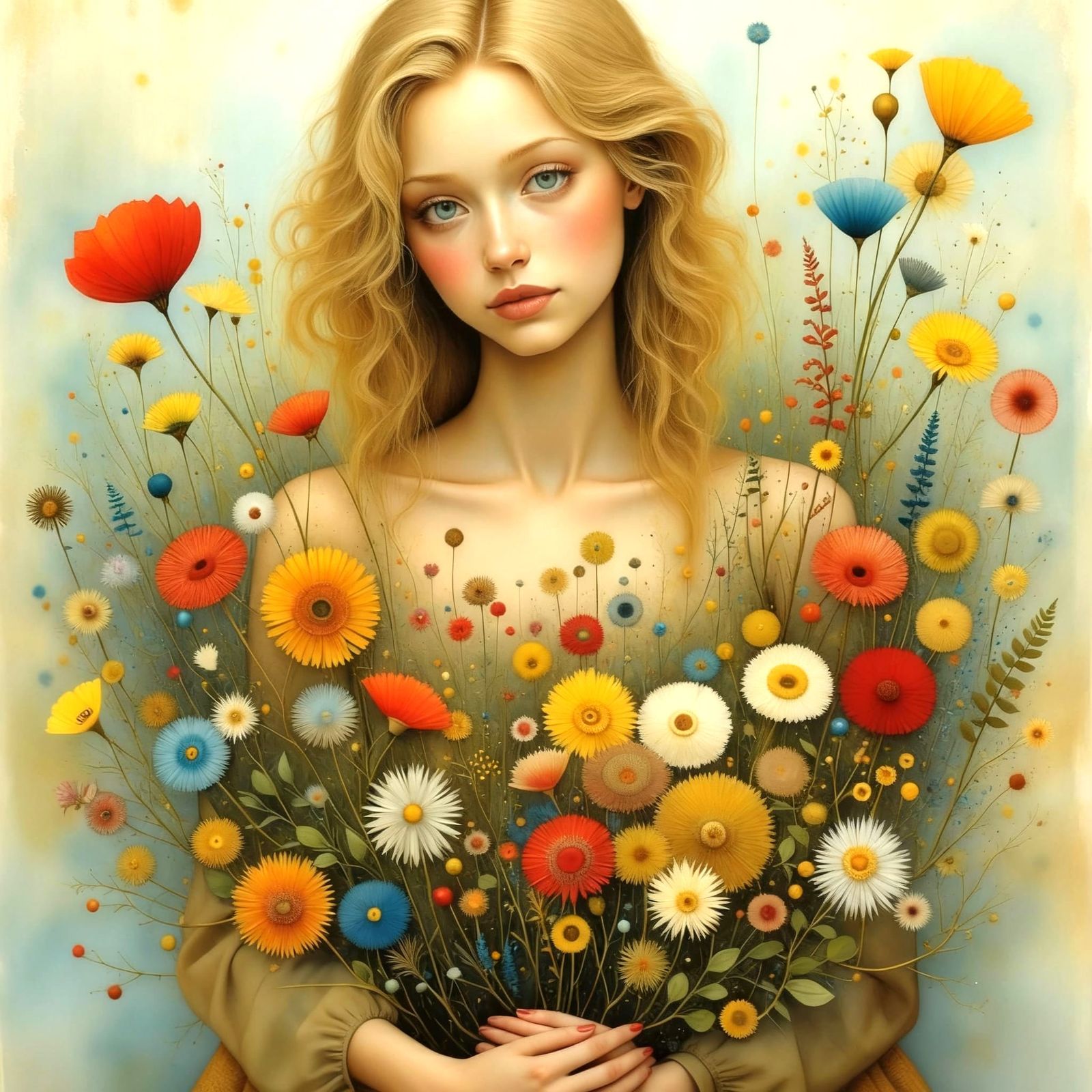 Blonde Woman Holding a Bouquet of Flowers