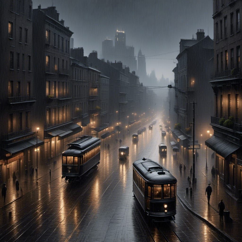 City Lights in Rain: Pencil and Charcoal Drawing