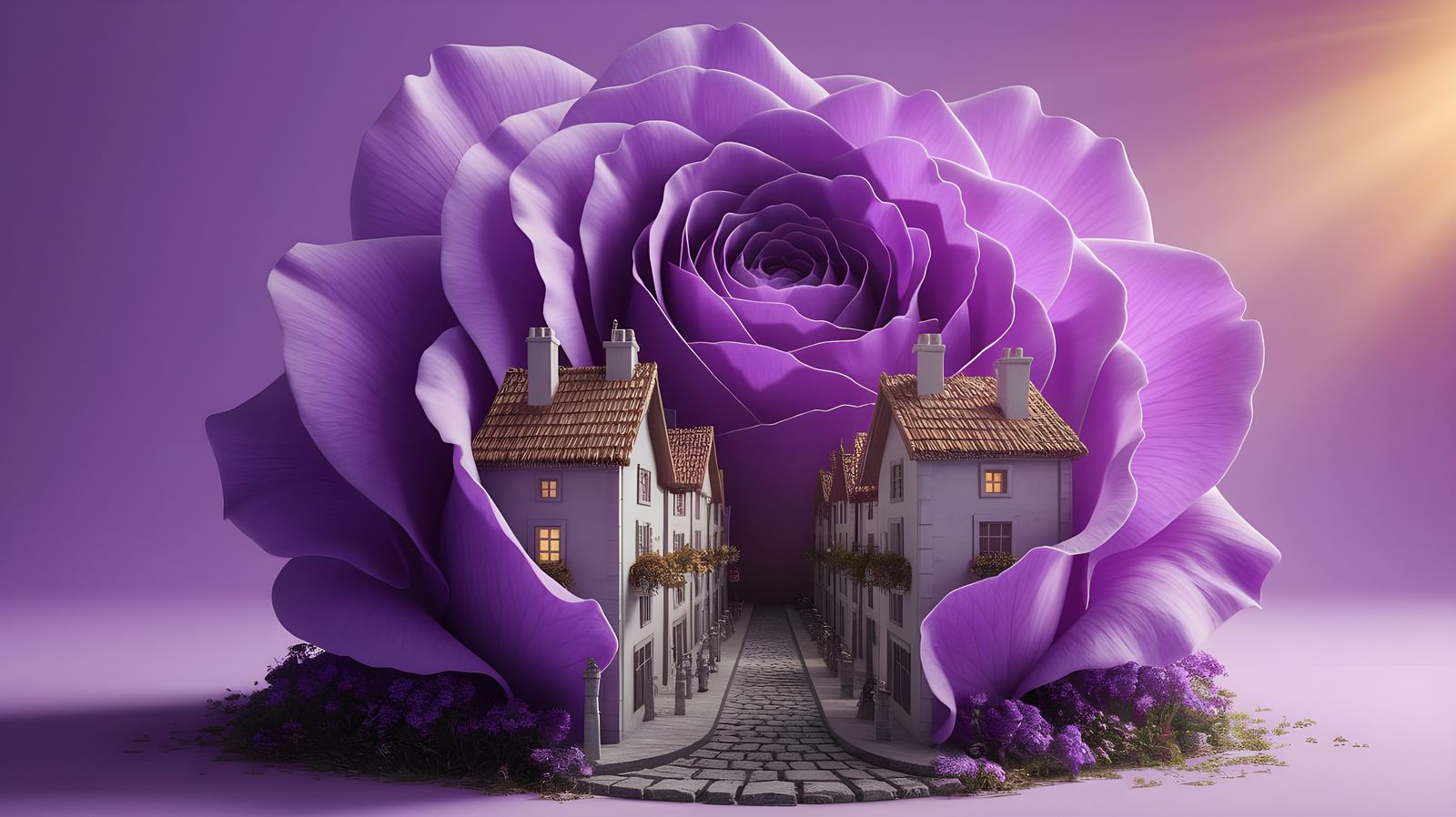 Miniature City in Royal Purple Rose Petals