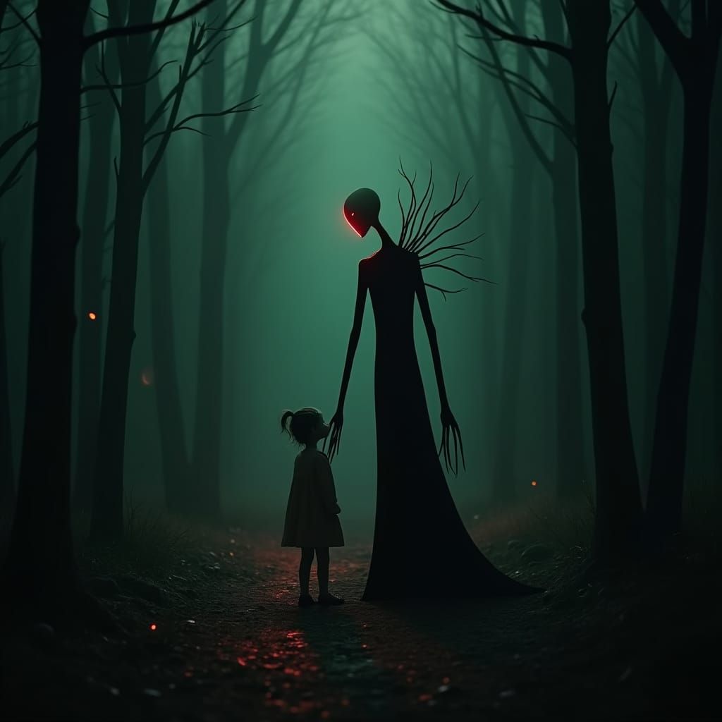 Eerie Slenderman Figure in Dark Forest with Girl