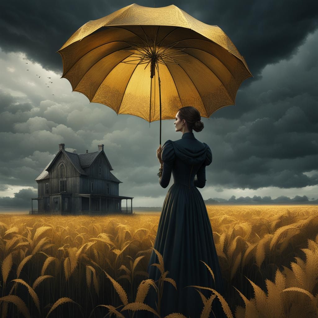 Woman with Golden Umbrella in Flemish Art Style