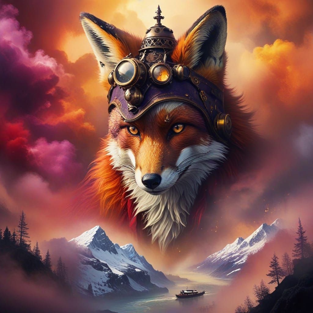 Steampunk Fox Amidst Vibrant Swiss Mountains