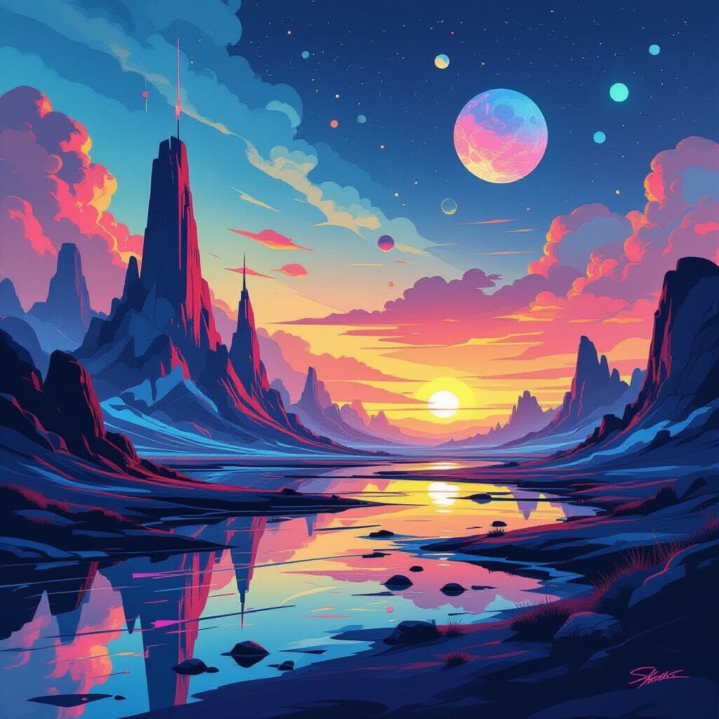 Vibrant Surreal Landscape in Futuristic Style