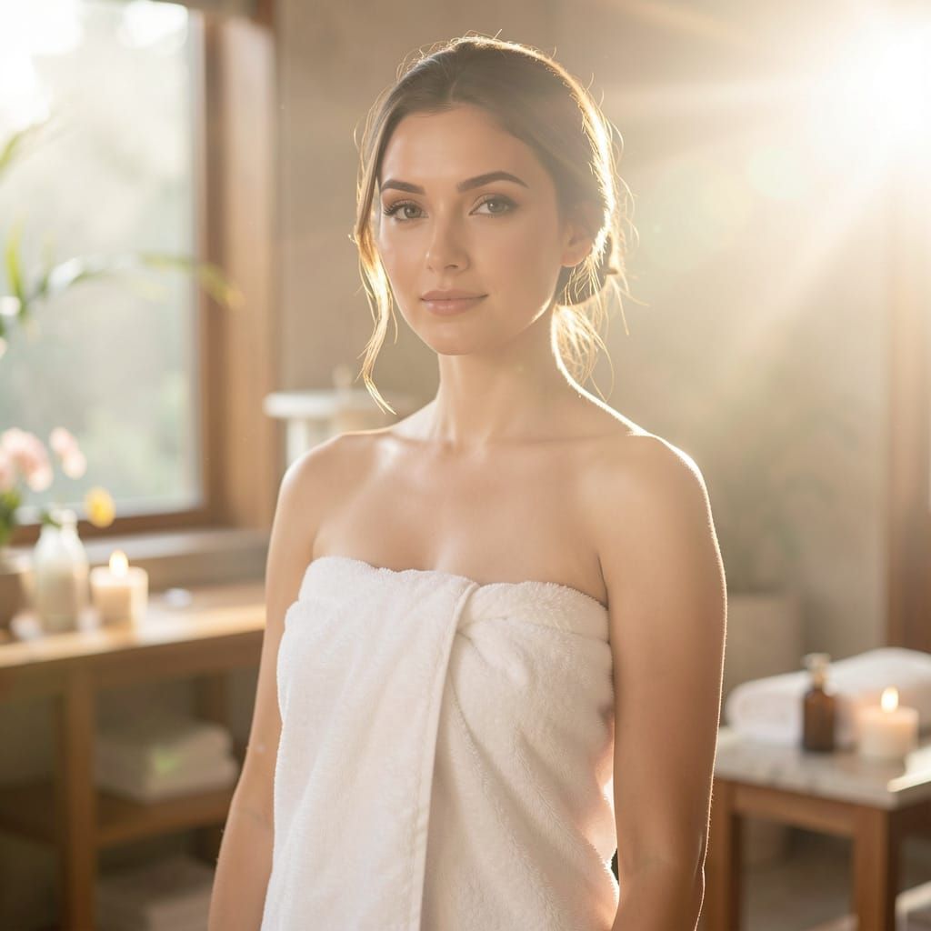Serene Woman Wrapped in Towel in Sunlit Spa