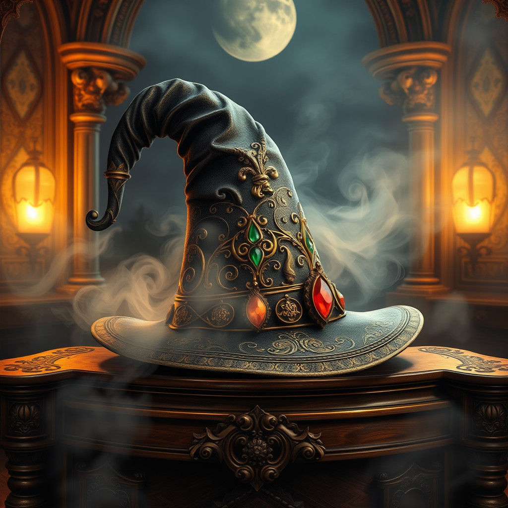 Mystical Wizard's Hat in Moonlit Chamber