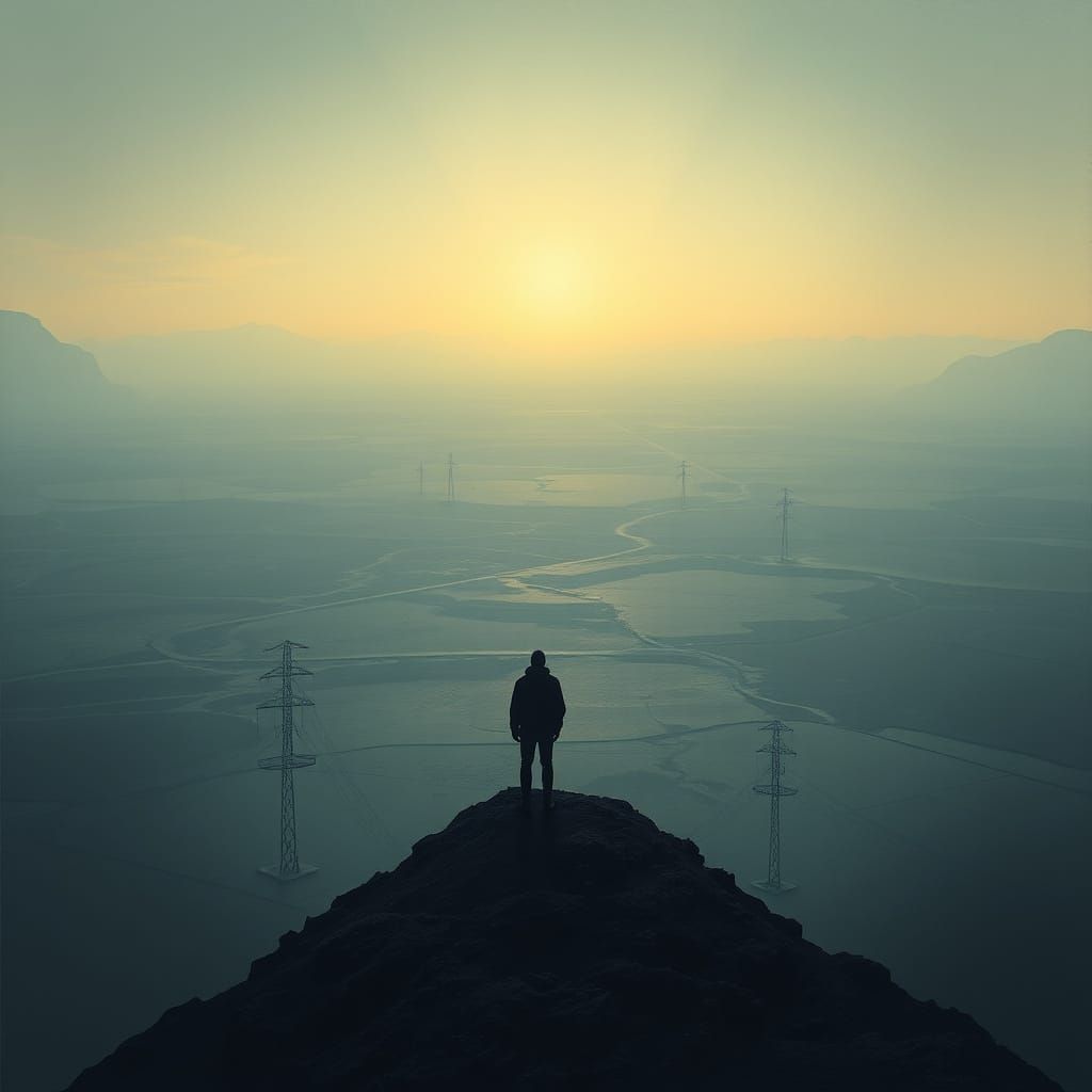 Solitary Figure in Futuristic Desert Landscape