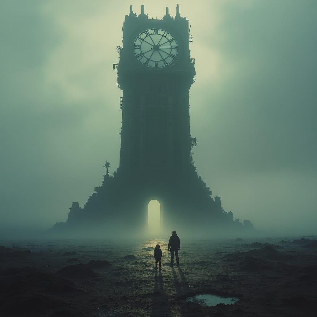 Cyberpunk Clock Tower in a Dystopian Wasteland