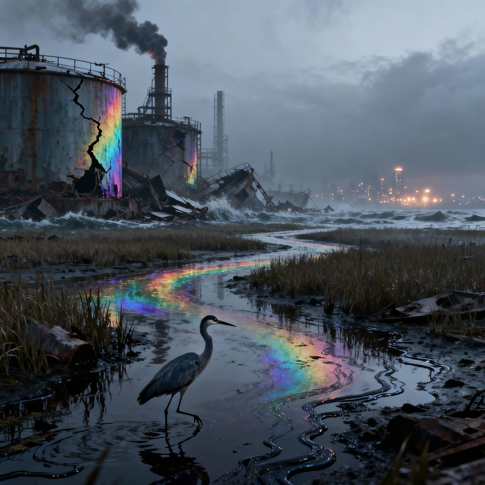 Coastal Refinery Collapse Under King Tide with Rainbow Sheen...