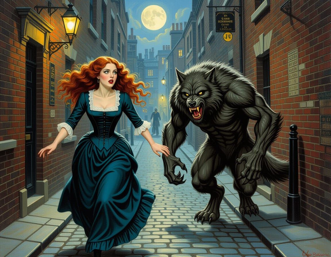 Victorian Woman Fleeing Werewolf in Dark Alley