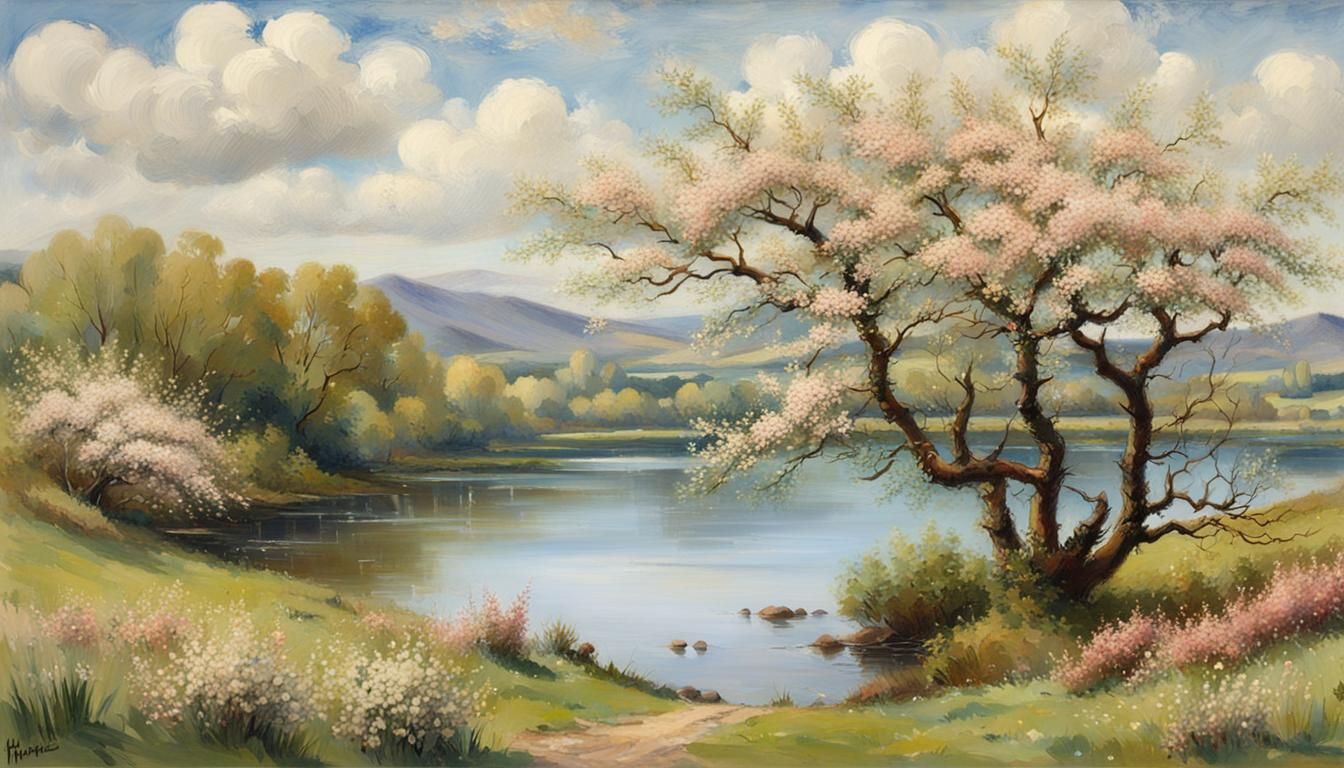 Lakeside Hawthorns in Blossom: Impressionistic Landscape
