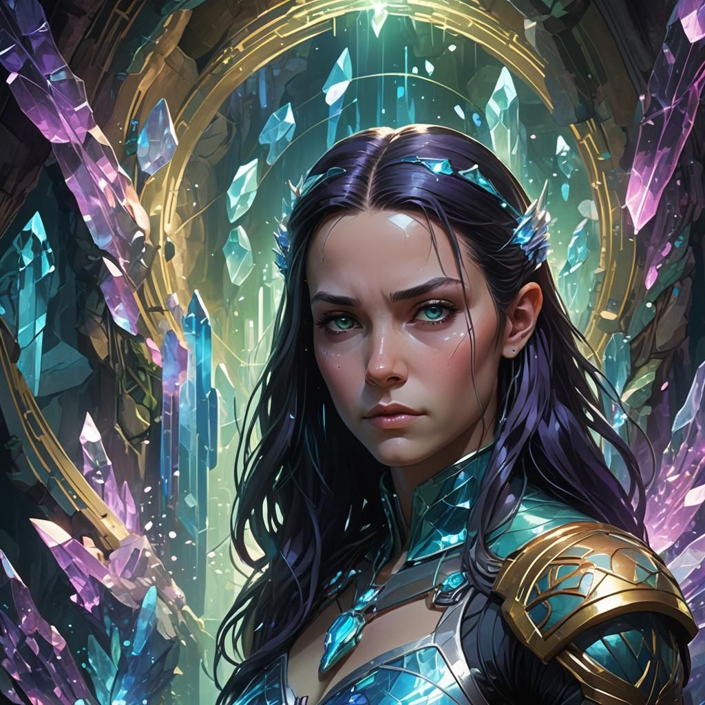 X-23 in Glowing Crystal Cave: Art Nouveau Cyberpunk