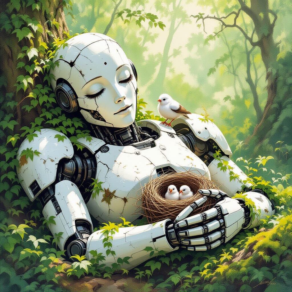 Ancient Robot Serene in Forest, Holding Bird's Nest
