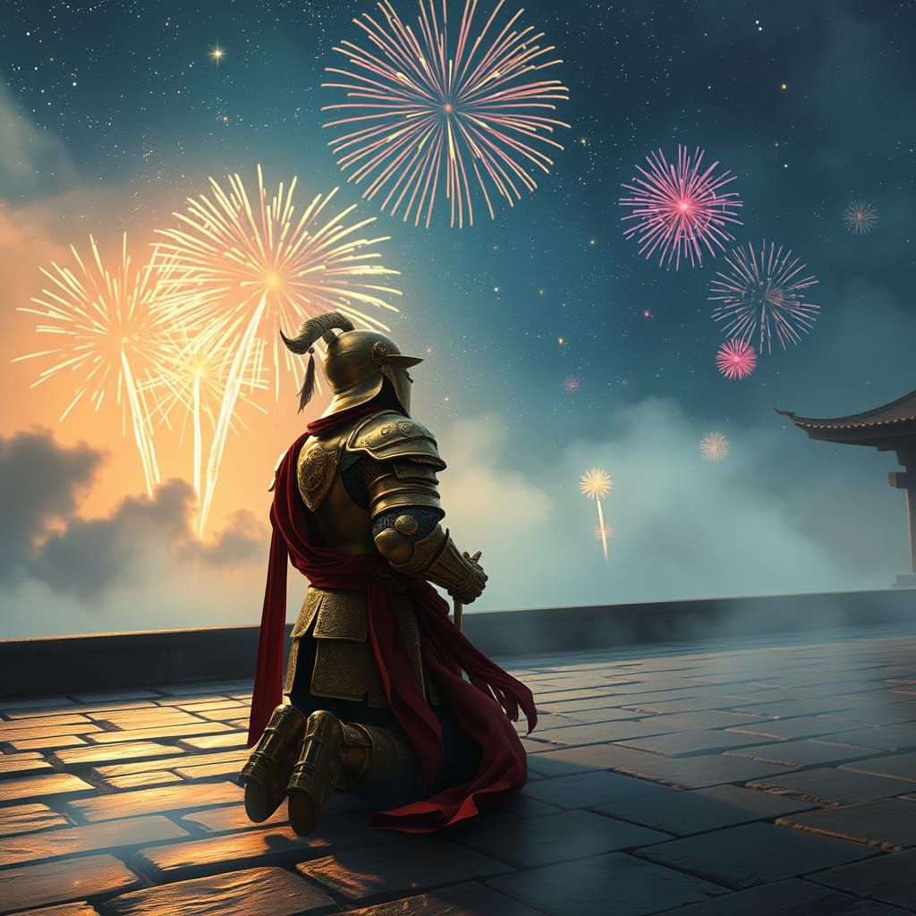Ethereal Knight in Golden Armor Admires Fireworks