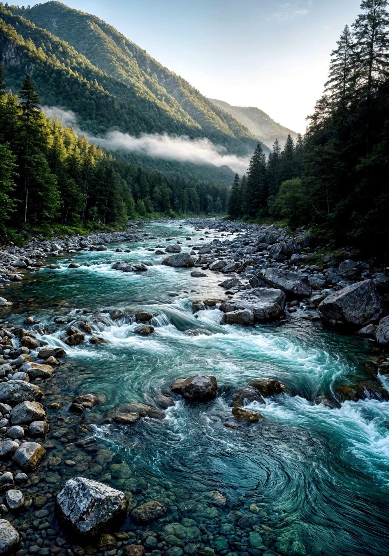 Pristine Mountain River in Misty Valley