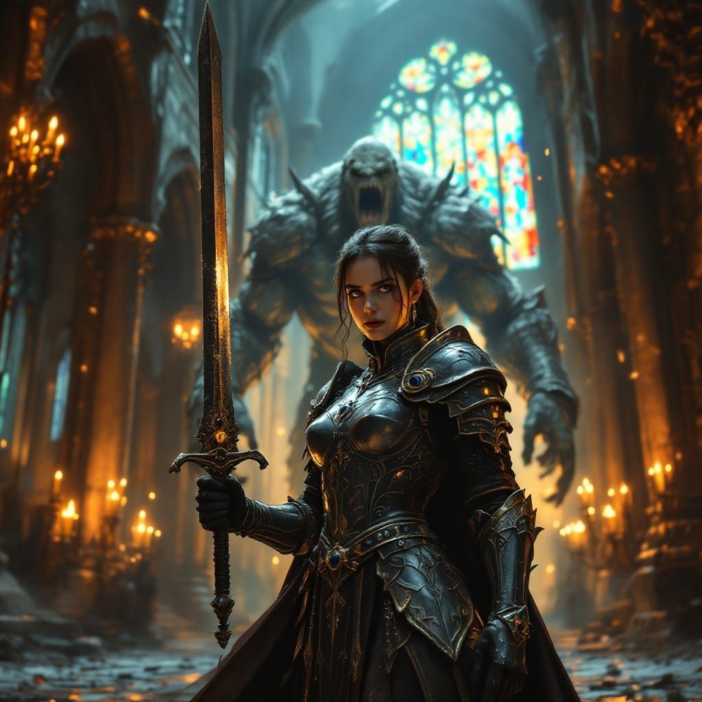 Haunted Female Knight in Battle-Worn Armor