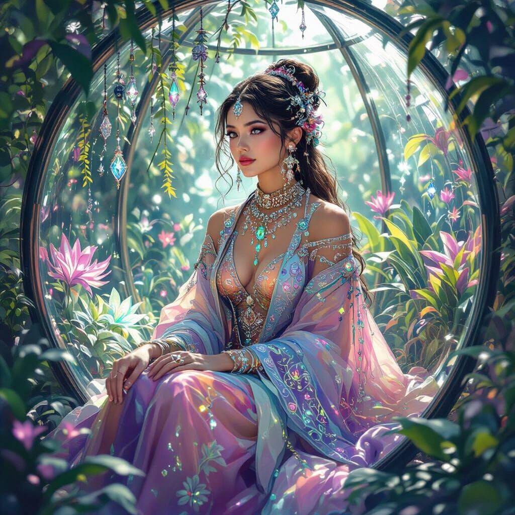 Woman in Bioluminescent Garden, Watercolor Style