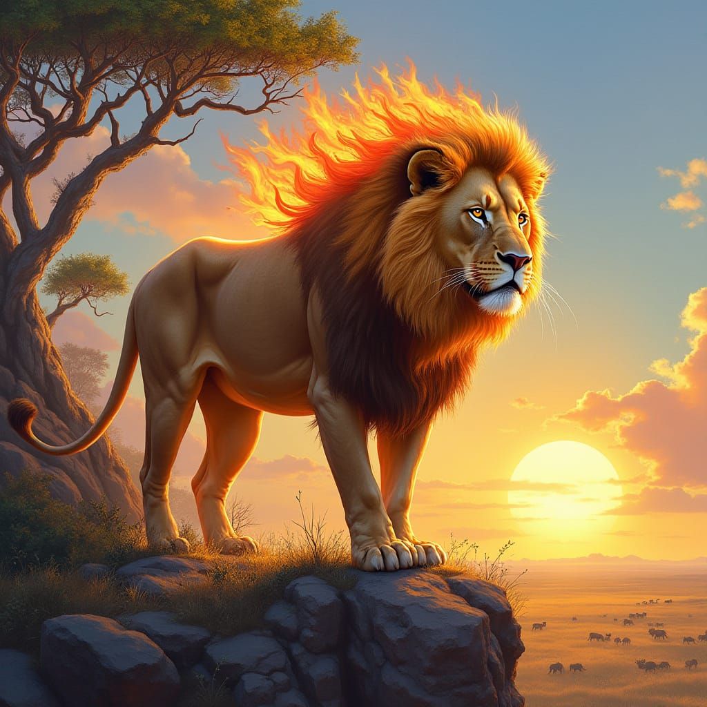 Majestic Lion with Flaming Mane Overlooking Savanna