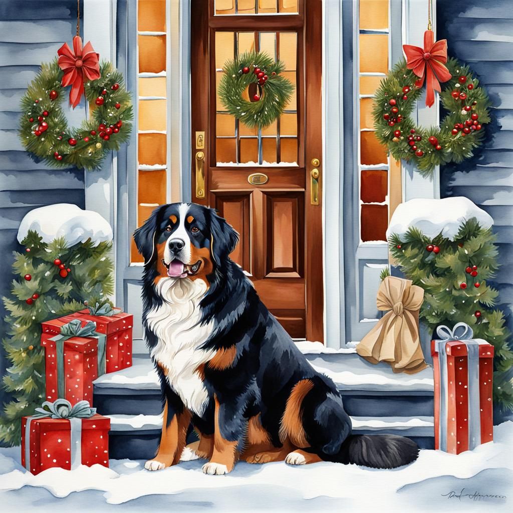 Bernese Mountain dog Christmas Porch