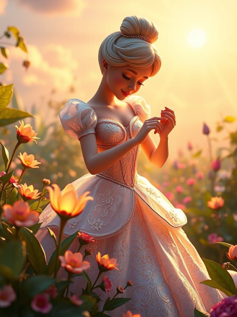 Whimsical Cinderella Tends Lush Garden in Vibrant Cartoon St...