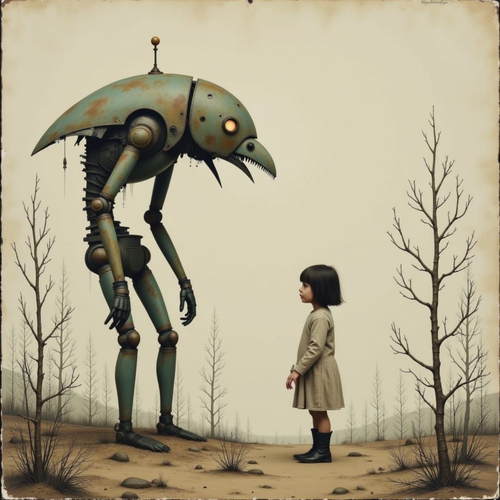 Girl in Eerie Landscape with Robot Observer