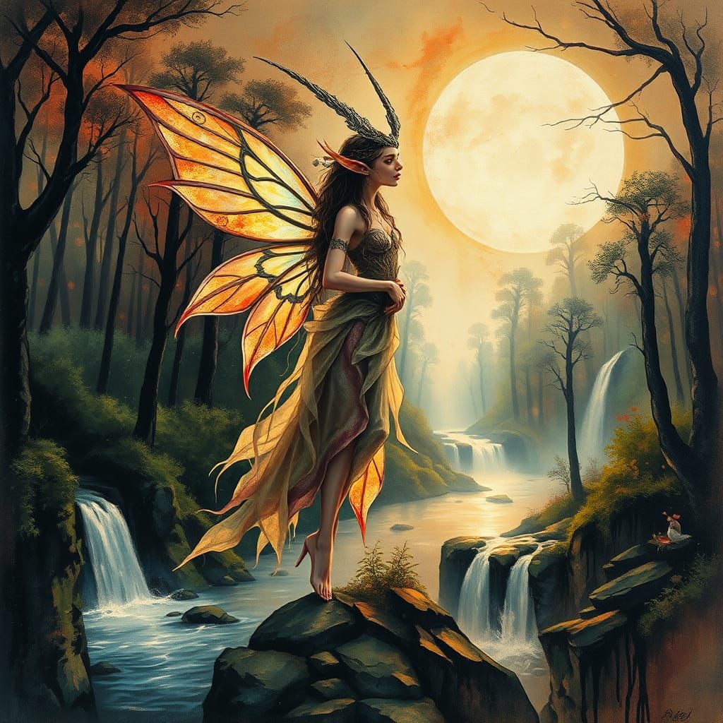 Mystical Fairy Elf in Hyperdetailed Watercolor Forest