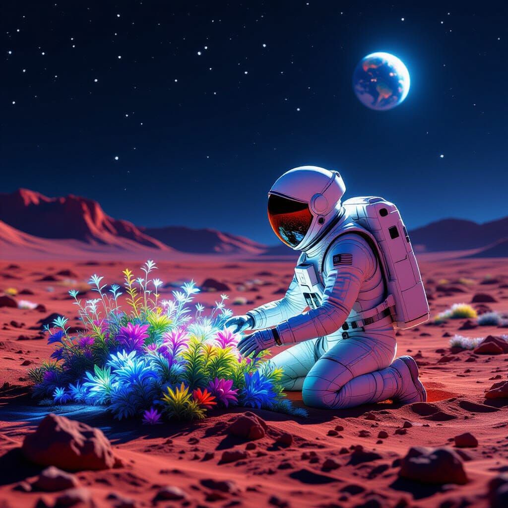 Astronaut Tends Glowing Martian Garden in Cinematic Style