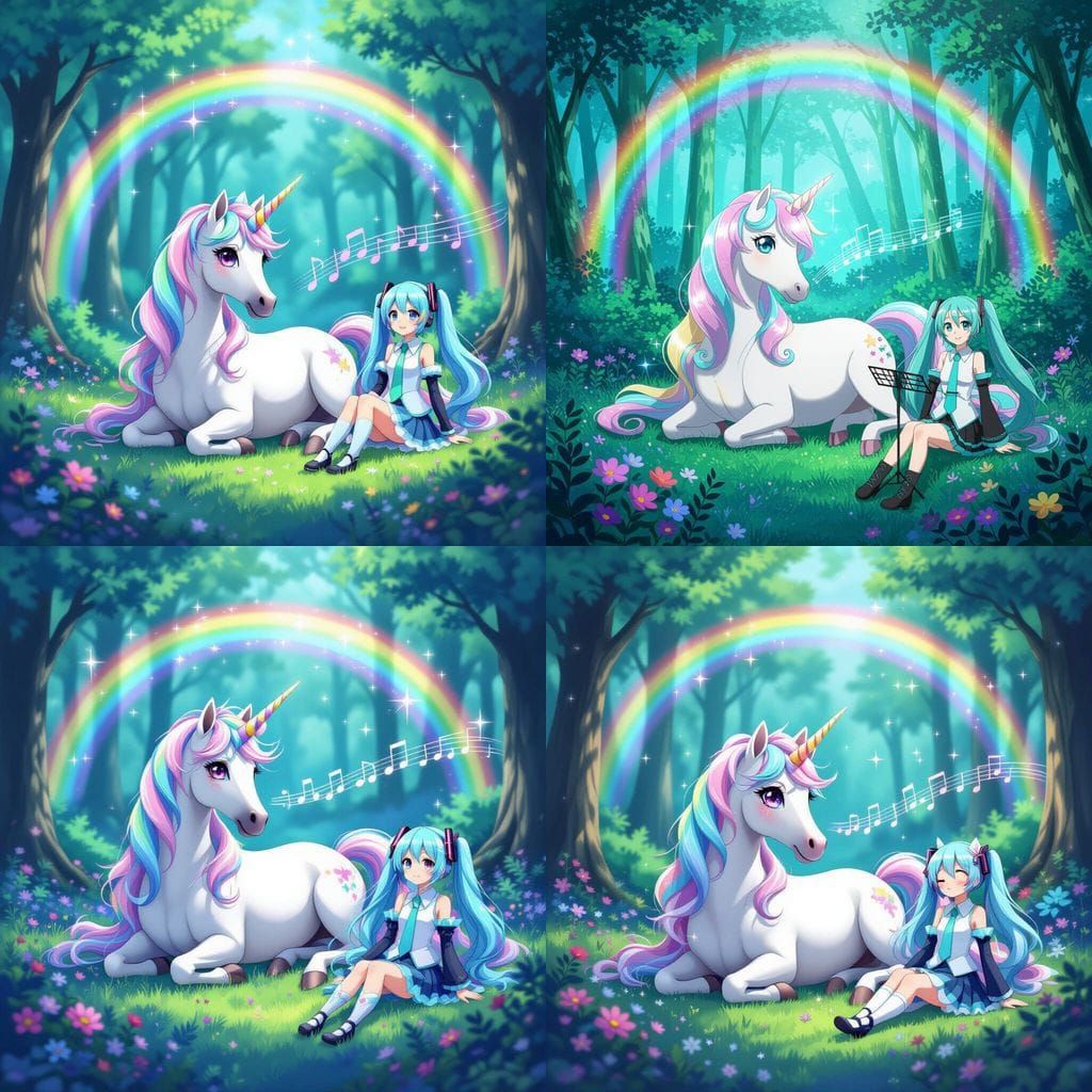 Magical Forest Scene: Unicorn and Hatsune Miku Making Music
