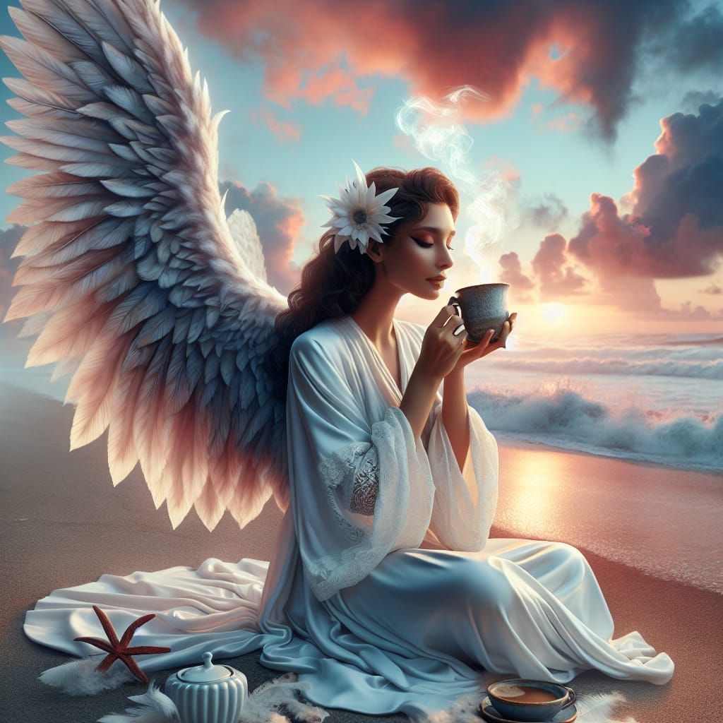 Angel in Serene Beach Sunrise Scene