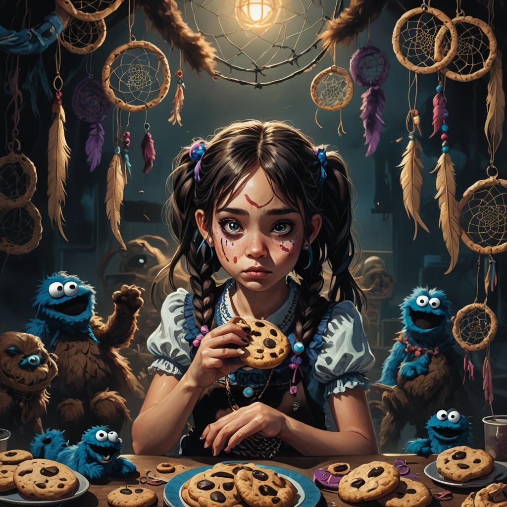 Girl with Pigtails and Cookie Monster in Dark Fantasy