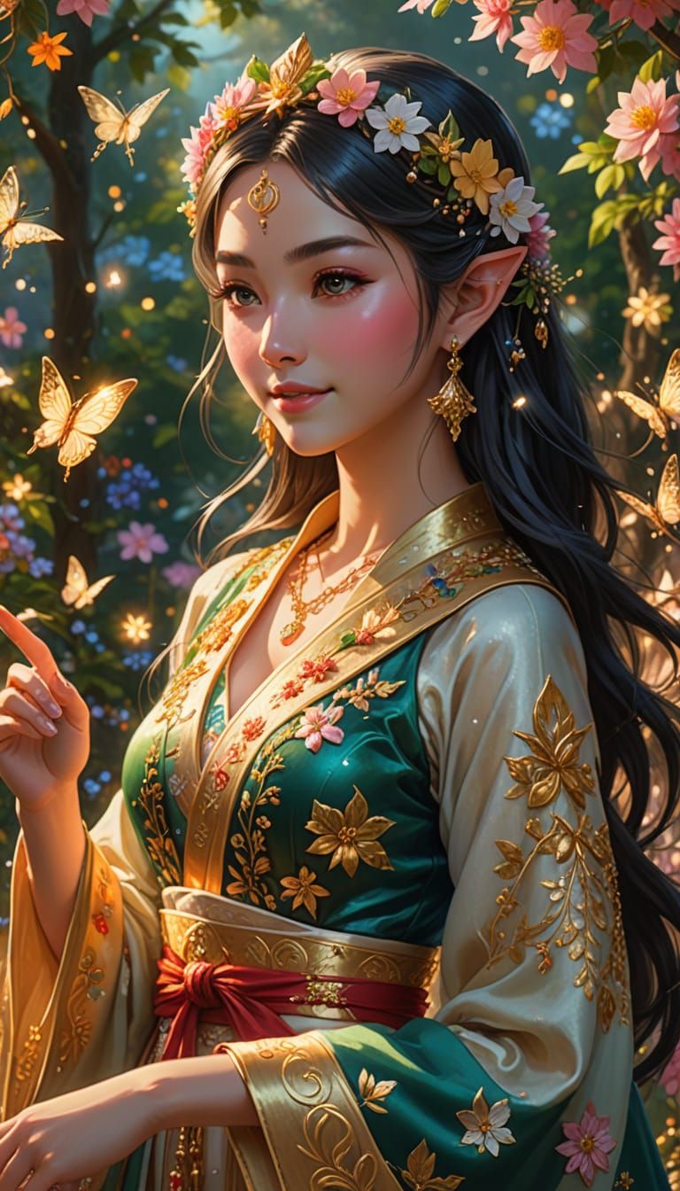Ethereal Elf Princess in Vibrant Traditional Attire with Fai...