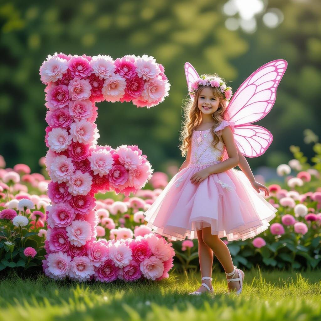 Pink Fairy Beside Carnation Letter E