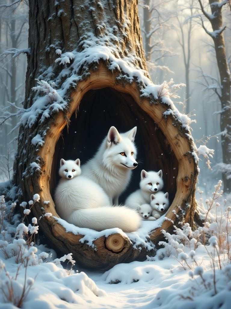 Snow Fox Family in Winter Forest, 3D Anime Art