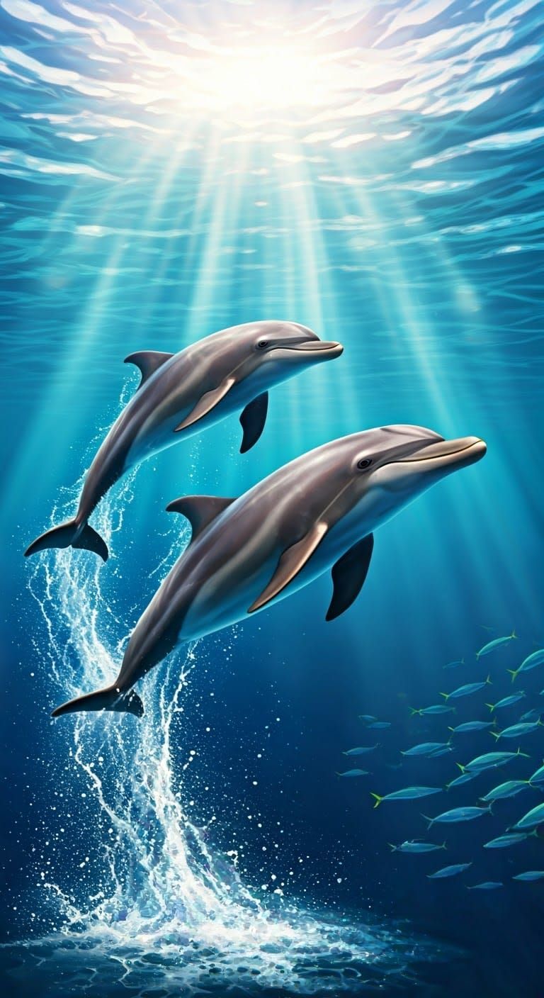 Dolphins Leaping in Joyful Synchrony Amidst Turquoise Water
