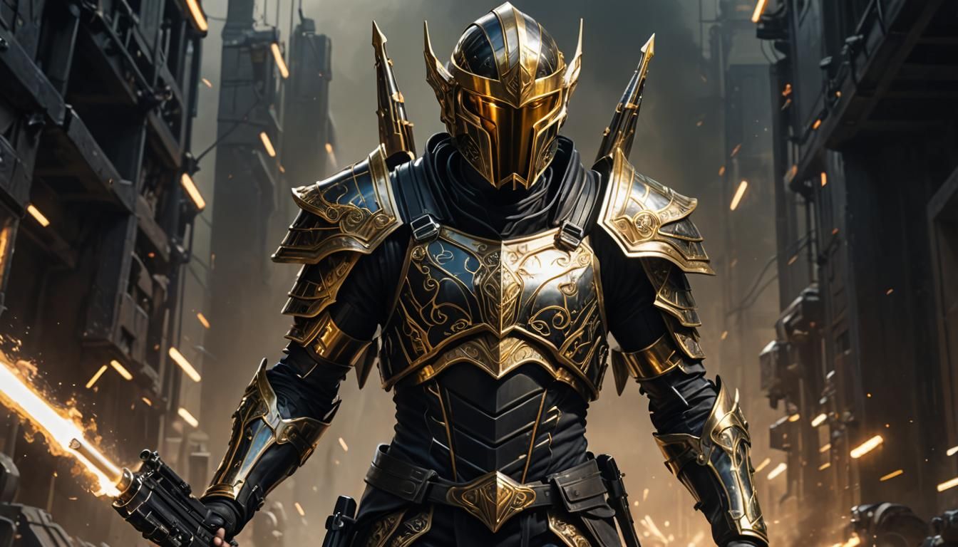 Hyperrealistic Sci-Fi Elf Soldier in Black and Gold Armor