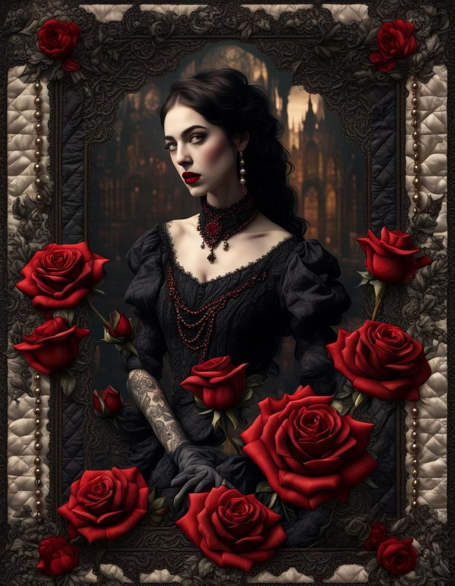 Gothic Patchwork Paper with Roses, Lace and Pearls