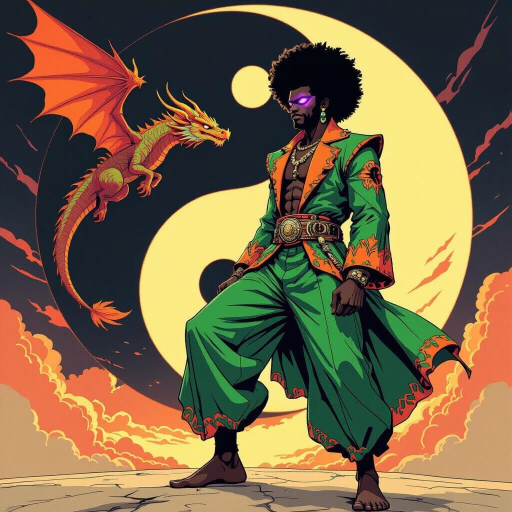 African Warrior and Dragon Before Yin Yang Symbol