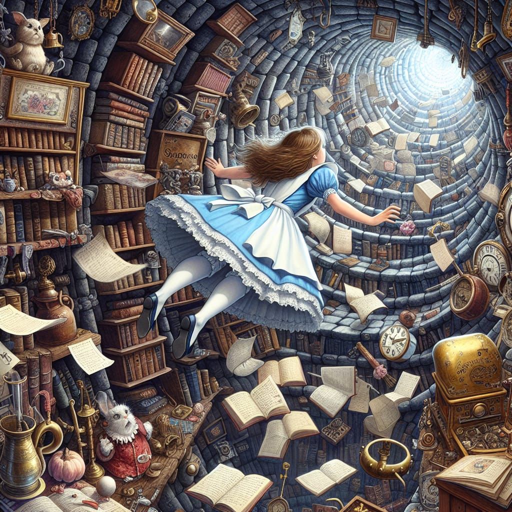 Alice's Whimsical Fall: A Victorian-Era Illustration