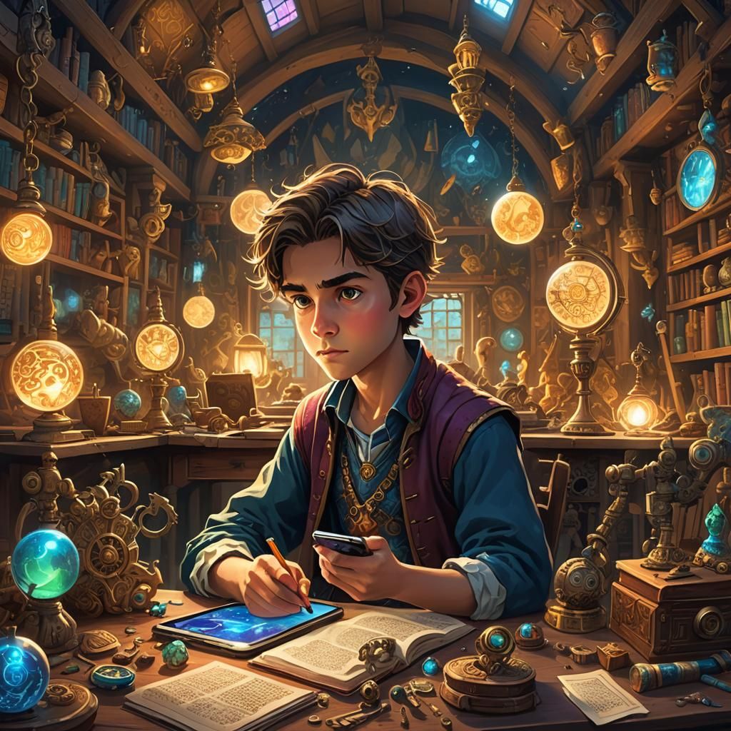 Fantasy Art: Student Using Social Media in Magical Classroom