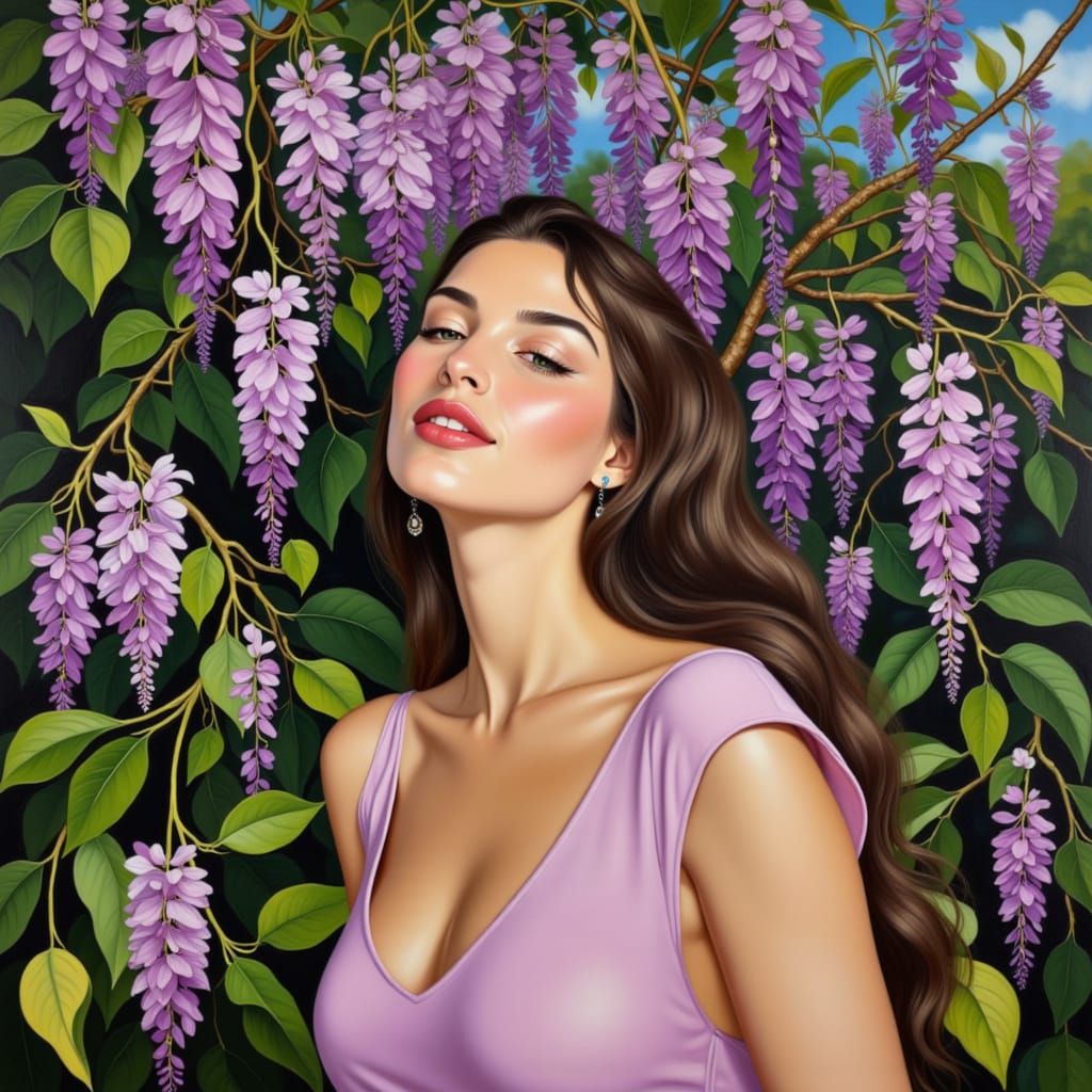 Elegant Wisteria Lady Adorned with Floral and Gold Accents