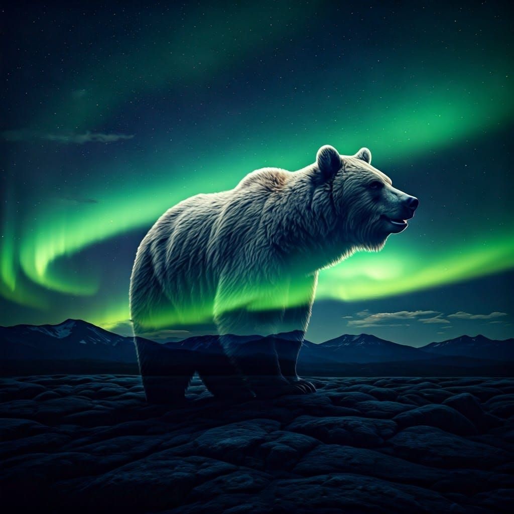 Majestic Bear Silhouette with Northern Lights Display