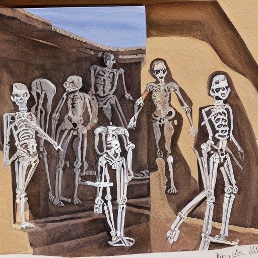 Ancient City Skeletons as Humans: Gouache Painting