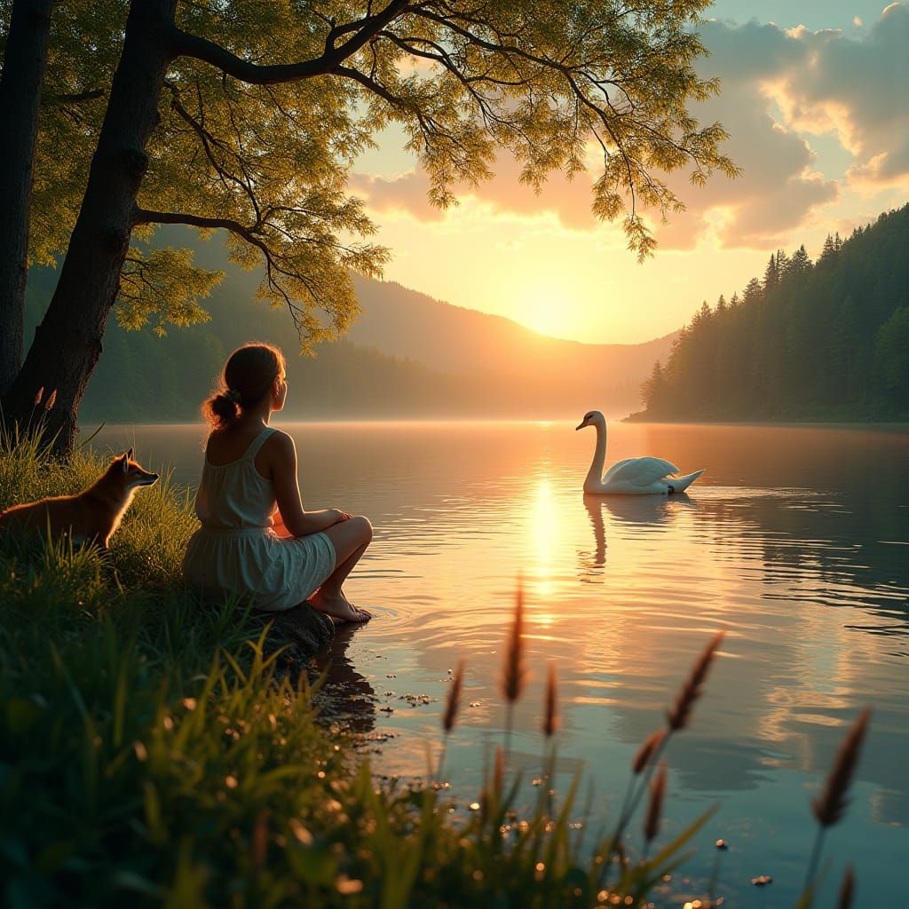 Lakeside Sunset with Woman, Swan, and Fox