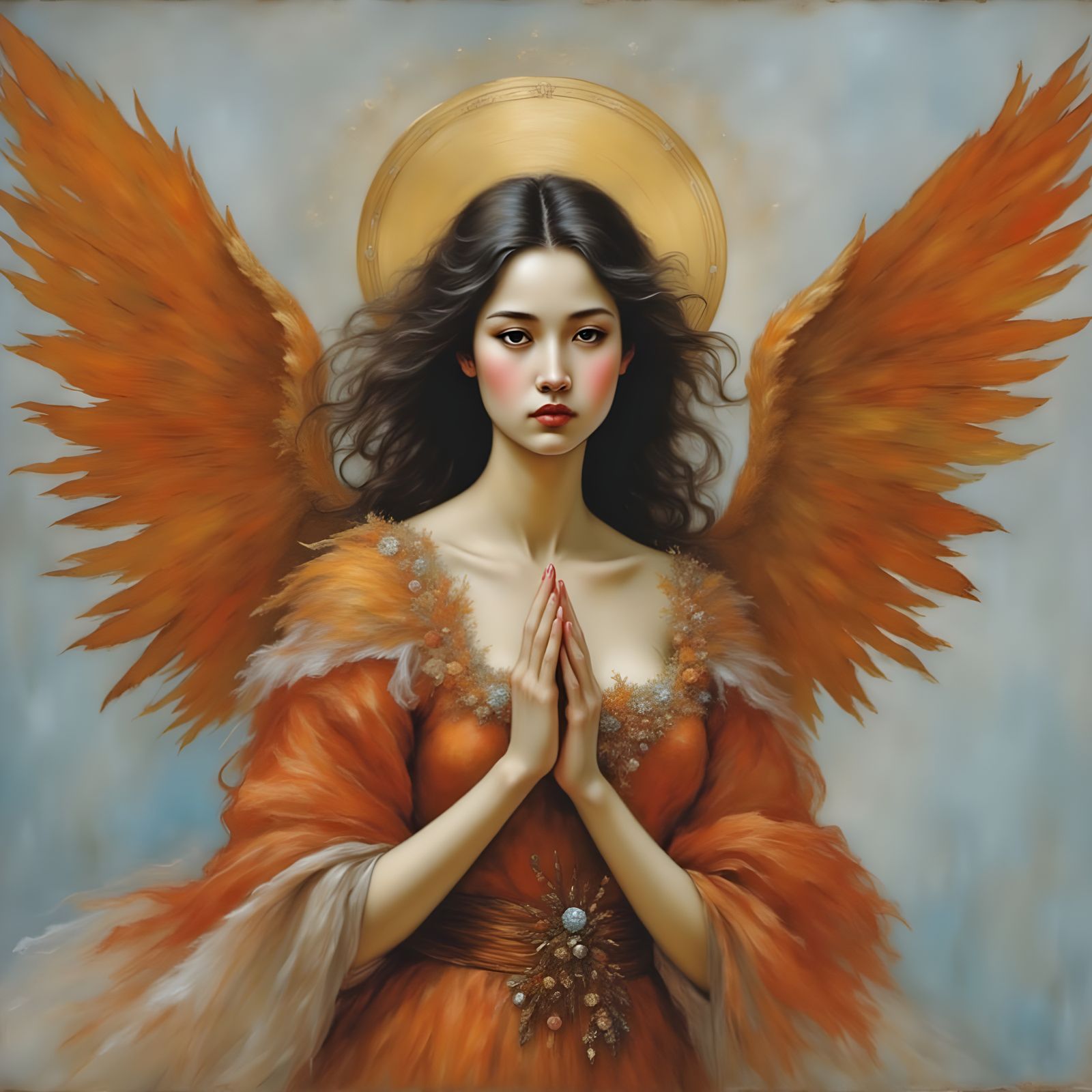 Serene Byzantine Angel in Golden Halo with Vibrant Orange Wi...