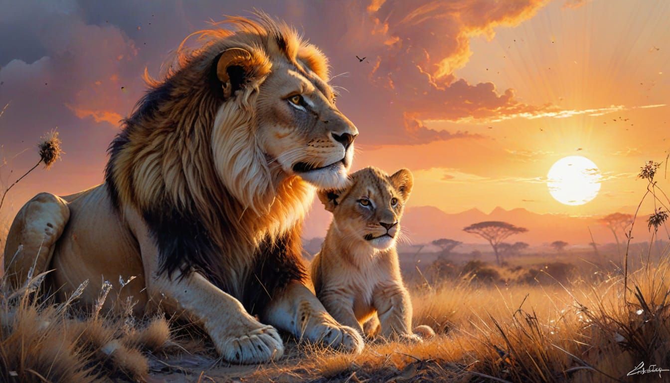 Lion and Cub on Savanna in Watercolour Style