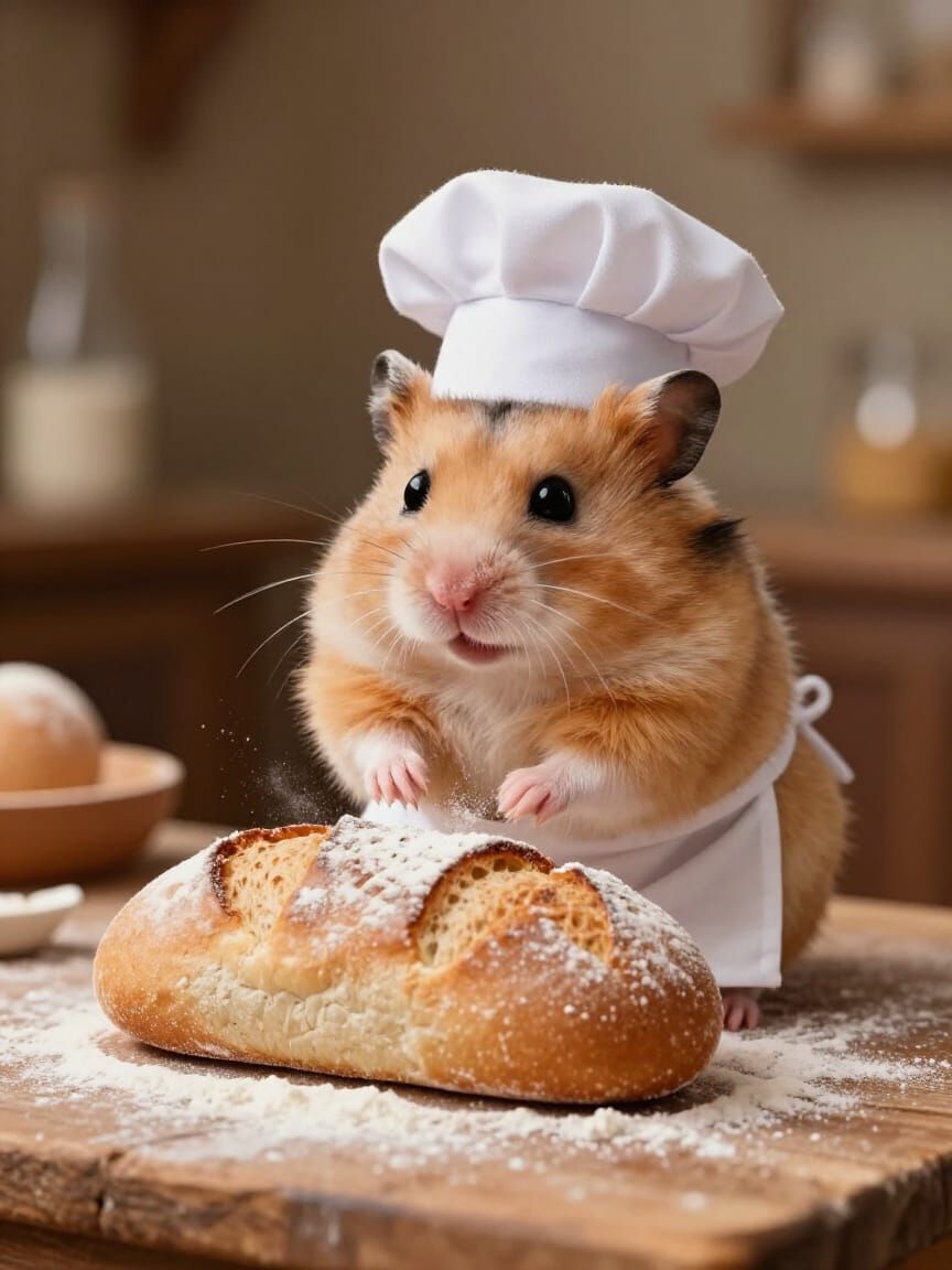 Adorable Hamster Chef Baking Bread in Rustic Bakery
